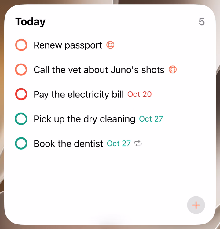 Float's large Today widget on an iPhone Home Screen, listing five todos with their coloured rings and dates.